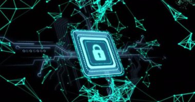 Siyah arkaplandaki şekillerin üzerinde bilgisayar devresi olan asma kilit simgesinin animasyonu. Küresel teknoloji, iletişim, bilgisayar ve dijital arayüz kavramı dijital olarak oluşturulmuş video.