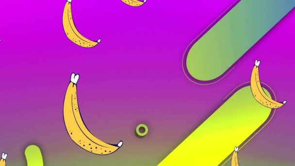 Animation Von Bananensymbolen Über Grünen Formen Auf Lila Hintergrund Hintergrunddesign — Stockvideo