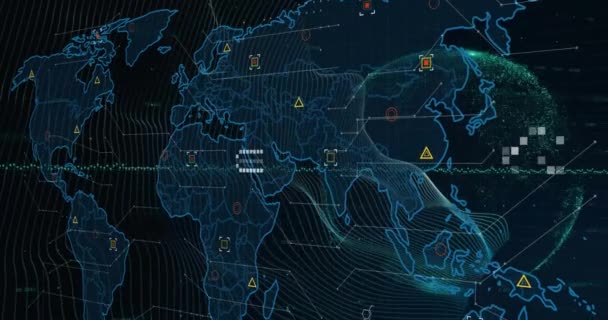 Анимирование Обработки Данных Картой Мира Глобусом Чёрном Фоне Глобальные Технологии — стоковое видео