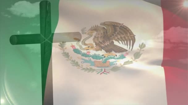Κινούμενο Σχέδιο Σημαίας Του Μεξικού Πάνω Από Ξύλινο Σταυρό Και — Αρχείο Βίντεο