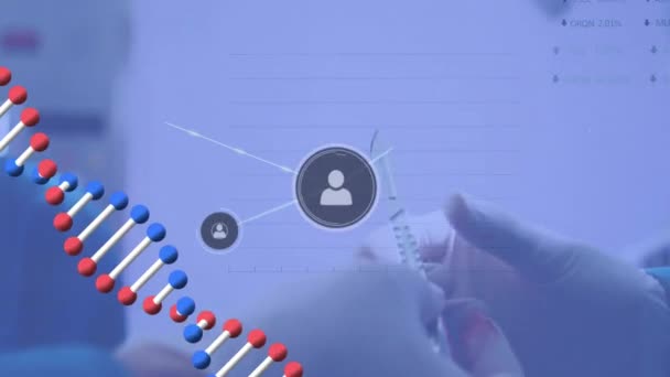 Dna鎖のアニメーションと 慎重な男性外科医に対する科学的データ処理 グローバルサイエンス コネクション コンピューティング データ処理コンセプトデジタル生成ビデオ — ストック動画