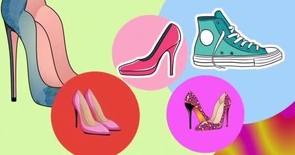 Animation High Heels Sneakers Colourful Background Fashion Design Colours Shapes — Stock Video