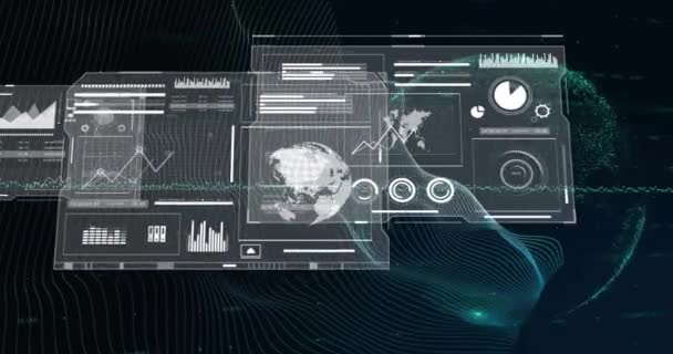 Animação Processamento Dados Com Globo Linhas Fundo Preto Tecnologia Global — Vídeo de Stock