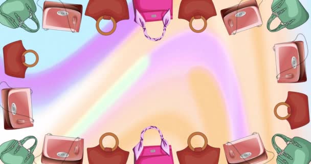 Renkli Arka Planda Fotokopi Alanı Olan Renkli Çantaların Animasyonu Moda — Stok video