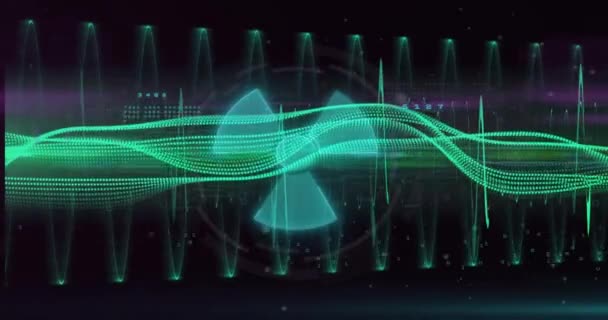 Анимация Ядерного Символа Над Обработкой Данных Легких Следов Черном Фоне — стоковое видео