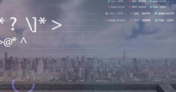 Animation Der Finanzdatenverarbeitung Über Das Stadtbild Globales Finanz Geschäfts Verbindungs — Stockvideo