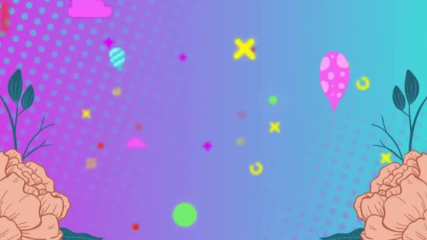 青い背景に色彩豊かな形をしたピンクの花のアニメーション 背景デザイン 形状コンセプトデジタル生成ビデオ — ストック動画
