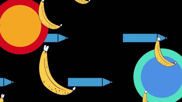 在黑色背景的铅笔上动画香蕉图标和五彩斑斓的形状 背景设计 色彩和形状概念数字生成的视频 — 图库视频影像