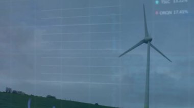 Rüzgar türbini üzerinde finansal veri işleme animasyonu. Küresel rüzgar enerjisi, çevre, iş, bağlantılar, hesaplama ve veri işleme kavramı dijital olarak oluşturulmuş video.