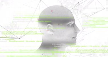 Beyaz arka planda insan kafası ve veri işleme animasyonu. Küresel yapay zeka, araştırma, bağlantılar, hesaplama ve veri işleme kavramı dijital olarak oluşturuldu.