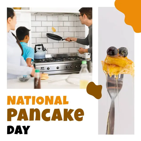 National pancake day text with asian father tossing pancake. American pancake day tradition and food celebration campaign digitally generated image.