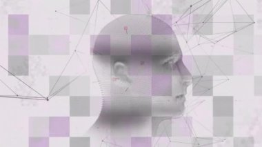 Işık arkaplanı üzerinden insan kafasının ve bağlantı ağının animasyonu. Küresel yapay zeka, araştırma, bağlantılar, hesaplama ve veri işleme kavramı dijital olarak oluşturuldu.