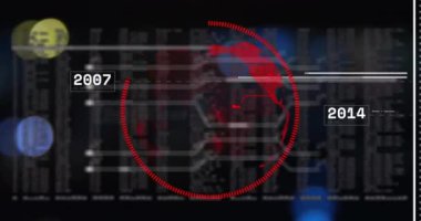 Siyah arka planda Bokeh üzerinde dünya ile veri işleme animasyonu. Küresel teknoloji, bilgisayar ve dijital arayüz kavramı dijital olarak oluşturulmuş video.