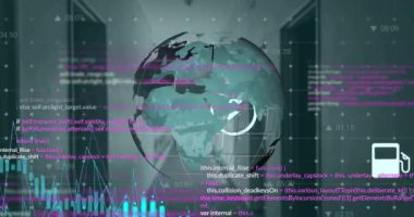 Küresel animasyon, bilgisayar sunucularında veri işleme. Dijital olarak oluşturulmuş küresel bağlantılar, hesaplama ve veri işleme kavramı.