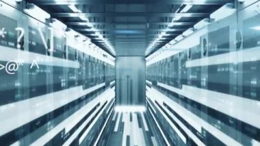 Bilgisayar sunucuları üzerinden veri işleme animasyonu. Küresel finans, iş, bağlantılar, hesaplama ve veri işleme kavramı dijital olarak oluşturulmuş video.