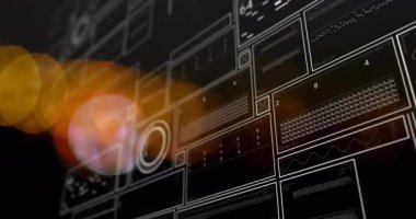 Siyah arka planda Bokeh üzerinde veri işleme animasyonu. Küresel teknoloji, bilgisayar ve dijital arayüz kavramı dijital olarak oluşturulmuş video.