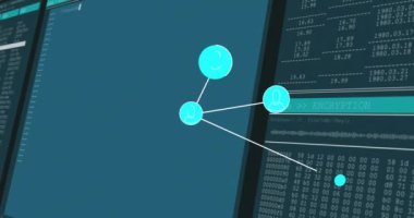 Ekranlar ve bağlantılar üzerinden veri işleme animasyonu. Dijital olarak oluşturulmuş küresel bağlantılar, hesaplama ve veri işleme kavramı.