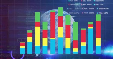 İstatistiklerin animasyonu ve dünya üzerindeki finansal veri işleme sistemi. Küresel finans, iş, bağlantılar, hesaplama ve veri işleme kavramı dijital olarak oluşturulmuş video.