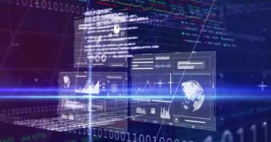 İstatistiklerin animasyonu, ikili kodlama ve şebeke üzerinde finansal veri işleme. Küresel finans, iş, bağlantılar, hesaplama ve veri işleme kavramı dijital olarak oluşturulmuş video.
