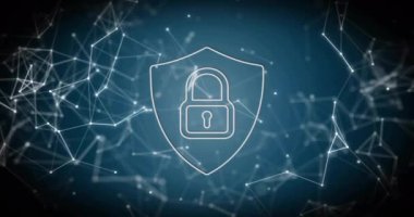 Karanlık arka planda asma kilit, bağlantılar ve veri işleme animasyonu. Küresel siber güvenlik, bağlantılar, hesaplama ve veri işleme kavramı dijital olarak oluşturuldu.