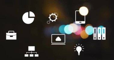 Siyah arka planda iş simgelerinin canlandırılması. Küresel teknoloji, bilgisayar ve dijital arayüz kavramı dijital olarak oluşturulmuş video.