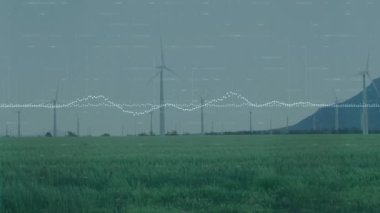 Rüzgar türbinleri üzerinde finansal veri işleme animasyonu. Küresel rüzgar enerjisi, çevre, iş, bağlantılar, hesaplama ve veri işleme kavramı dijital olarak oluşturulmuş video.