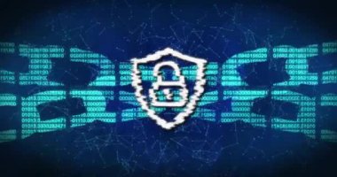 Karanlık arka planda asma kilit, zincir ve veri işleme animasyonu. Küresel siber güvenlik, bağlantılar, hesaplama ve veri işleme kavramı dijital olarak oluşturuldu.