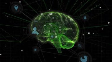 Karanlık arka planda insan beyni ve veri işleme animasyonu. Küresel yapay zeka, araştırma, bağlantılar, hesaplama ve veri işleme kavramı dijital olarak oluşturuldu.
