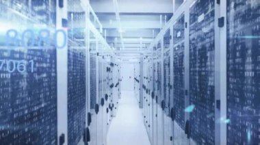 Bilgisayar sunucuları üzerinden veri işleme animasyonu. Küresel finans, iş, bağlantılar, hesaplama ve veri işleme kavramı dijital olarak oluşturulmuş video.