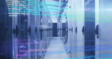 Bilgisayar sunucuları üzerinden veri işleme animasyonu. Dijital olarak oluşturulmuş küresel bağlantılar, hesaplama ve veri işleme kavramı.