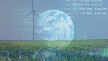 Küresel ve rüzgar türbinlerinde finansal veri işleme animasyonu. Küresel rüzgar enerjisi, çevre, iş, bağlantılar, hesaplama ve veri işleme kavramı dijital olarak oluşturulmuş video.