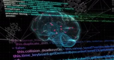 Karanlık arka planda insan beyni ve veri işleme animasyonu. Küresel yapay zeka, araştırma, bağlantılar, hesaplama ve veri işleme kavramı dijital olarak oluşturuldu.