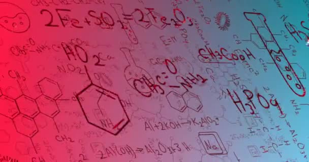 Анімація Діаграм Елементів Хімічних Рівнянь Червоному Синьому Фоні Хімія Наука — стокове відео