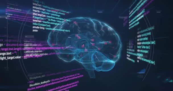 人間の脳のアニメーションと暗い背景のデータ処理 グローバル人工知能 コネクション コンピューティング データ処理のコンセプトをデジタル生成したビデオ — ストック動画