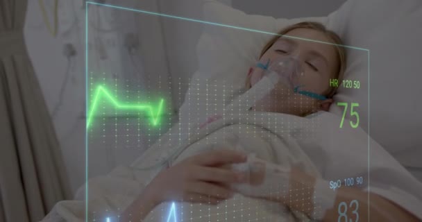 白人少女の患者に対するデータ処理のアニメーション グローバル医療 コネクション コンピューティング データ処理のコンセプトをデジタル生成したビデオ — ストック動画