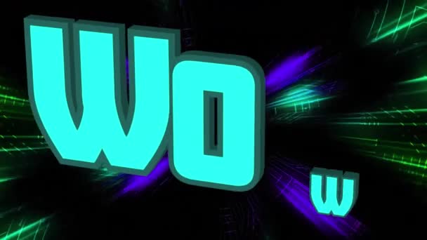 Animation Wow Text Blue Colourful Lights Rotating Black Background Retro — Stock Video