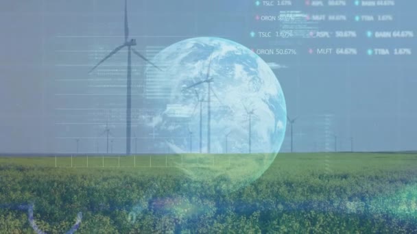Animatie Van Financiële Gegevensverwerking Hele Wereld Windturbines Mondiale Windenergie Milieu — Stockvideo