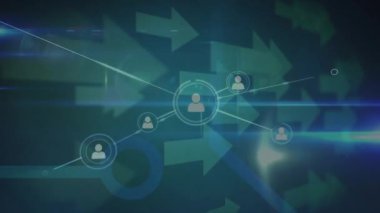 Siyah arkaplan üzerindeki oklar üzerindeki simgelerle bağlantı ağının animasyonu. Dijital olarak oluşturulmuş küresel bağlantılar, bilgisayar ve dijital arayüz kavramı.