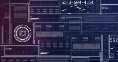 Ekranlarda finansal veri işleme animasyonu. Küresel seyahat, finans, iş, bağlantılar, hesaplama ve veri işleme kavramı dijital olarak oluşturuldu.