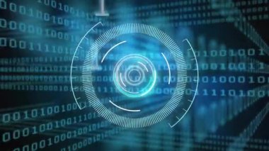 Siyah arkaplanda veri işleme üzerinde tarama kapsamı animasyonu. Teknoloji, bilgisayar ve dijital arayüz kavramı dijital olarak oluşturuldu.