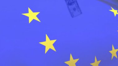 Amerikan dolarları üzerine Avrupa Birliği bayrağının animasyonu. Küresel finans, iş, bağlantılar, hesaplama ve veri işleme kavramı dijital olarak oluşturulmuş video.