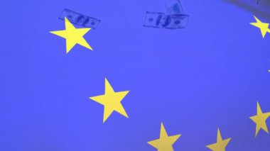 Amerikan dolarları üzerine Avrupa Birliği bayrağının animasyonu. Küresel finans, iş, bağlantılar, hesaplama ve veri işleme kavramı dijital olarak oluşturulmuş video.