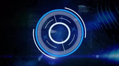 Siyah arkaplanda veri işleme üzerinde tarama kapsamı animasyonu. Teknoloji, bilgisayar ve dijital arayüz kavramı dijital olarak oluşturuldu.