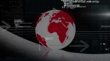 Dünya üzerinde veri işleme animasyonu ve siyah zemin üzerinde oklar. Küresel teknoloji, bilgisayar ve dijital arayüz kavramı dijital olarak oluşturulmuş video.