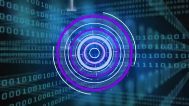 Siyah arkaplanda veri işleme üzerinde tarama kapsamı animasyonu. Teknoloji, bilgisayar ve dijital arayüz kavramı dijital olarak oluşturuldu.