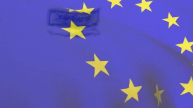 Amerikan dolarları üzerine Avrupa Birliği bayrağının animasyonu. Küresel finans, iş, bağlantılar, hesaplama ve veri işleme kavramı dijital olarak oluşturulmuş video.