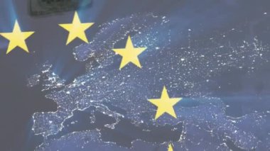 Amerikan dolarları üzerine Avrupa Birliği bayrağı ve Avrupa bayrağı animasyonu. Küresel finans, iş, bağlantılar, hesaplama ve veri işleme kavramı dijital olarak oluşturulmuş video.