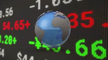 Dünya üzerinde uçaklarla finansal veri işleme animasyonu. Küresel seyahat, finans, iş, bağlantılar, hesaplama ve veri işleme kavramı dijital olarak oluşturuldu.