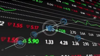 Bağlantı ağı üzerinden finansal veri işleme animasyonu. Küresel finans, iş, bağlantılar, hesaplama ve veri işleme kavramı dijital olarak oluşturulmuş video.