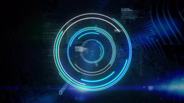 Siyah arkaplanda veri işleme üzerinde tarama kapsamı animasyonu. Teknoloji, bilgisayar ve dijital arayüz kavramı dijital olarak oluşturuldu.